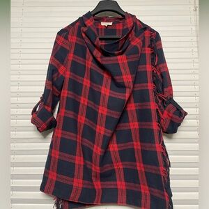 Promesa Red & Navy Plaid Asymmetrical Button Wrap Cardigan Fringe Jacket Medium